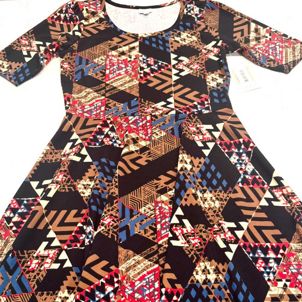 LuLaRoe Geometric Short Sleeve Brown and Red Nicole Dress Women’s Size 2XL NWT